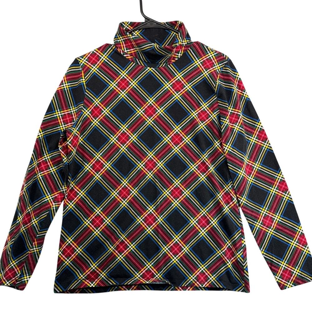 Talbots Red Holiday Christmas Tartan Plaid Cotton Tee Turtleneck Shirt Women L
